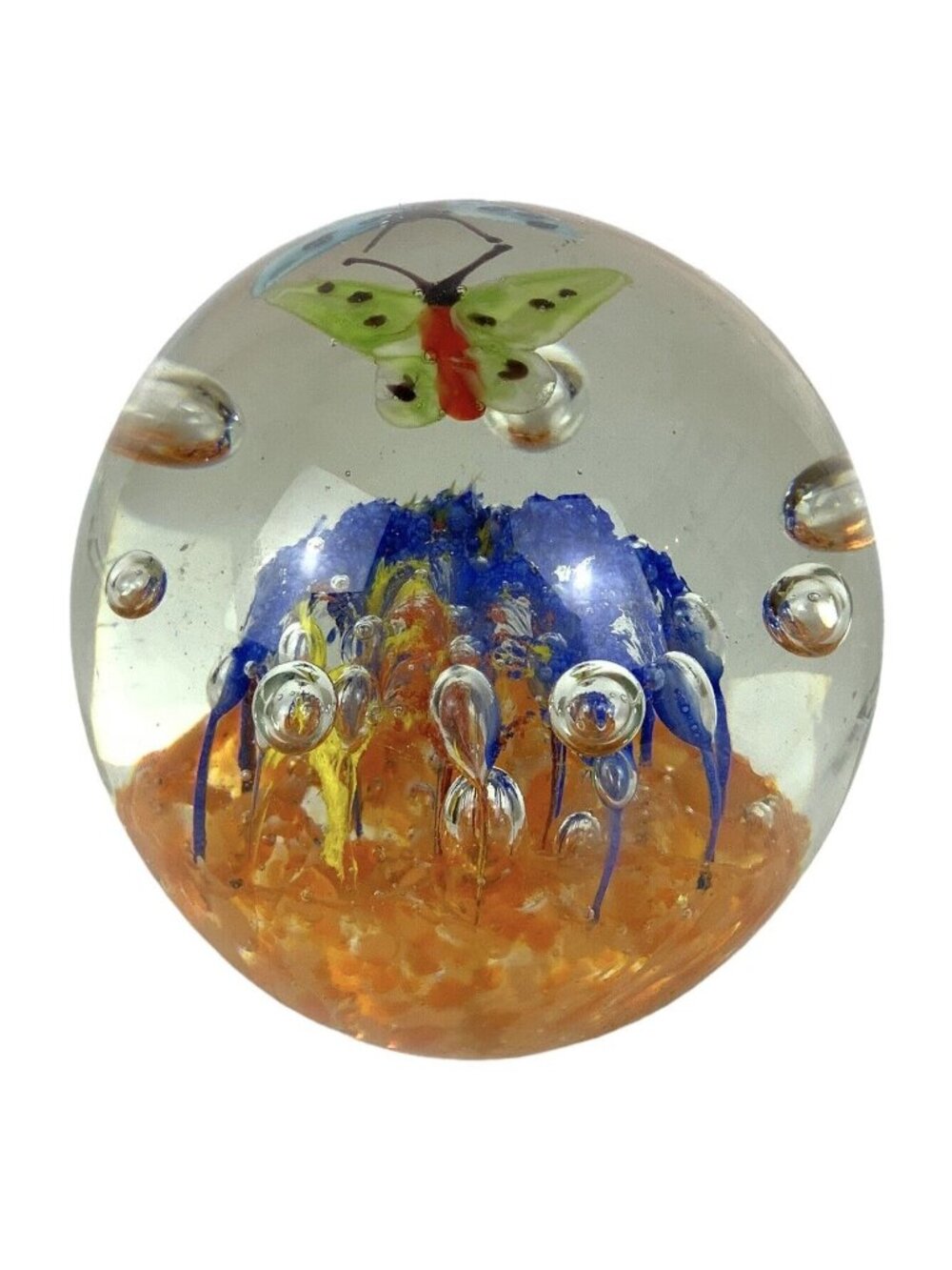 Crystal Clear Art Glass Paperweight Flowers Butterflies Bubbles 3.5 inch
